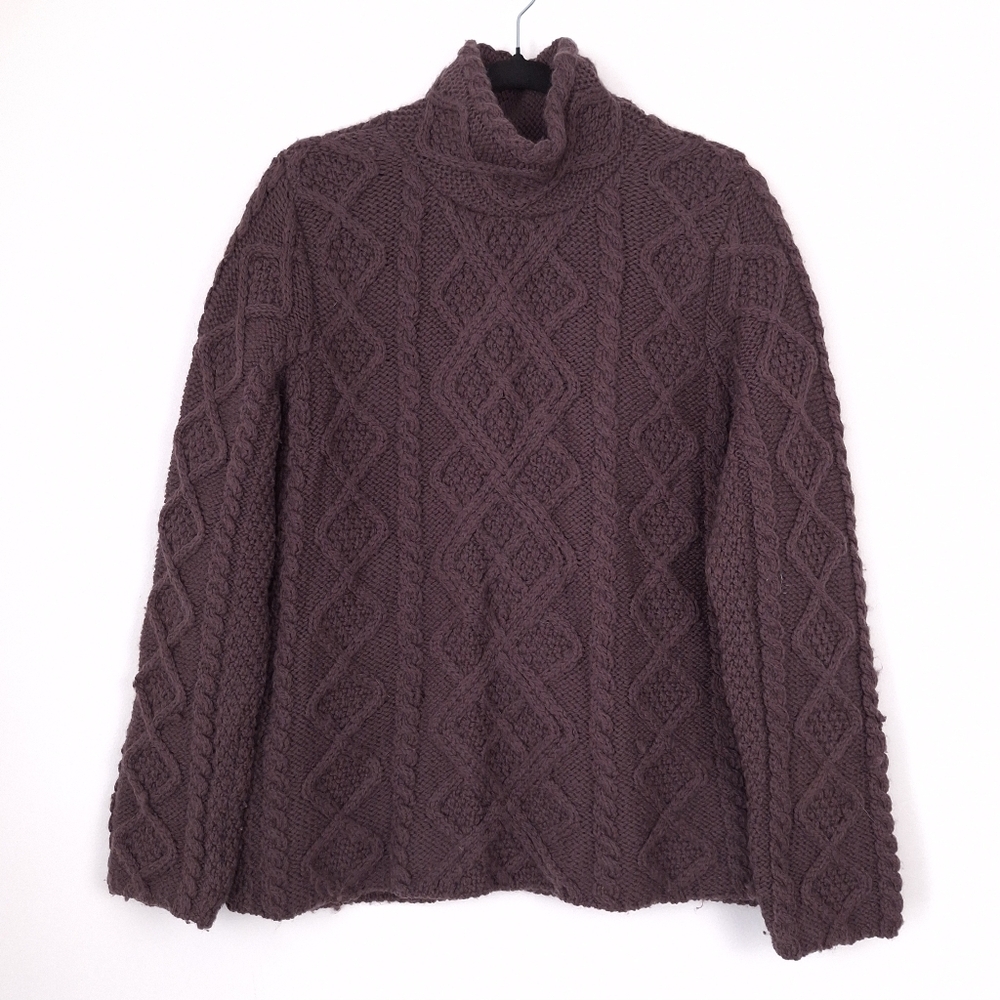 Paul James wool chunky cable knit sweater mock neck turtleneck fisherman brown